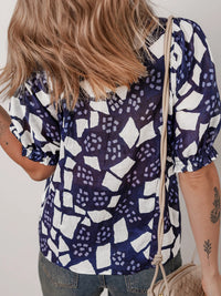 Abstract Print Frilled Puff Sleeve V Neck Blouse