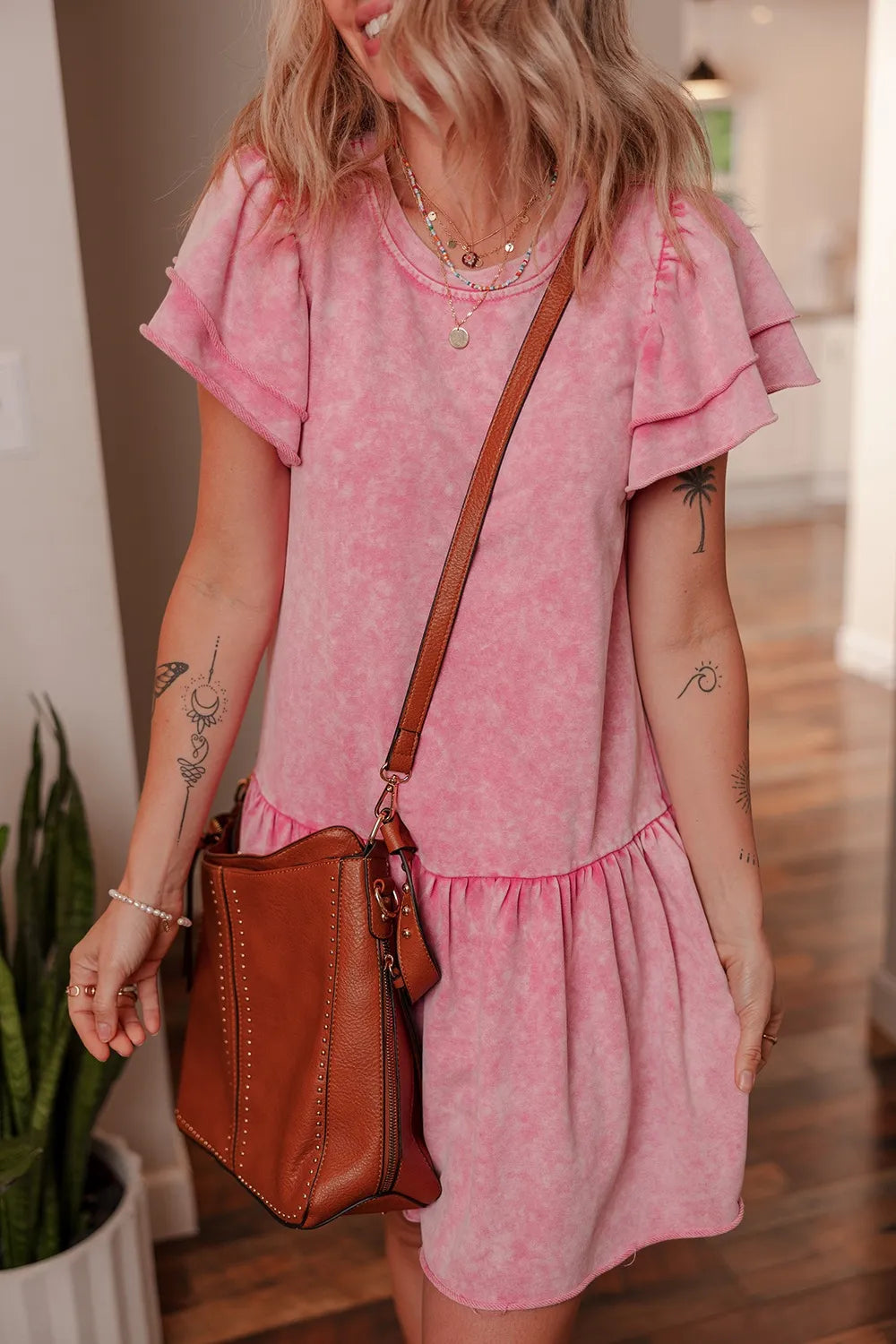 Mineral Wash Raw Edge Ruffle Mini Dress