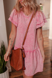 Mineral Wash Raw Edge Ruffle Mini Dress