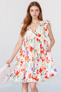 Floral Double Ruffle Sleeve V Neck Mini Dress