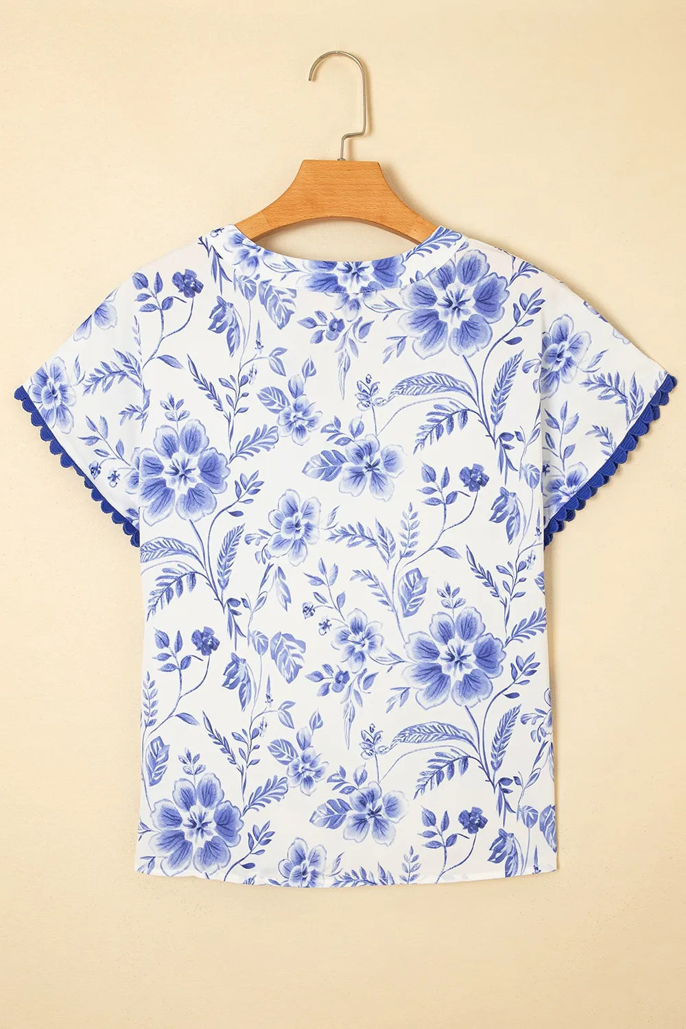 Floral Print Ricrac Trim Short Sleeve Blouse