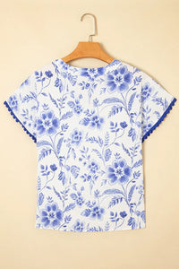 Floral Print Ricrac Trim Short Sleeve Blouse