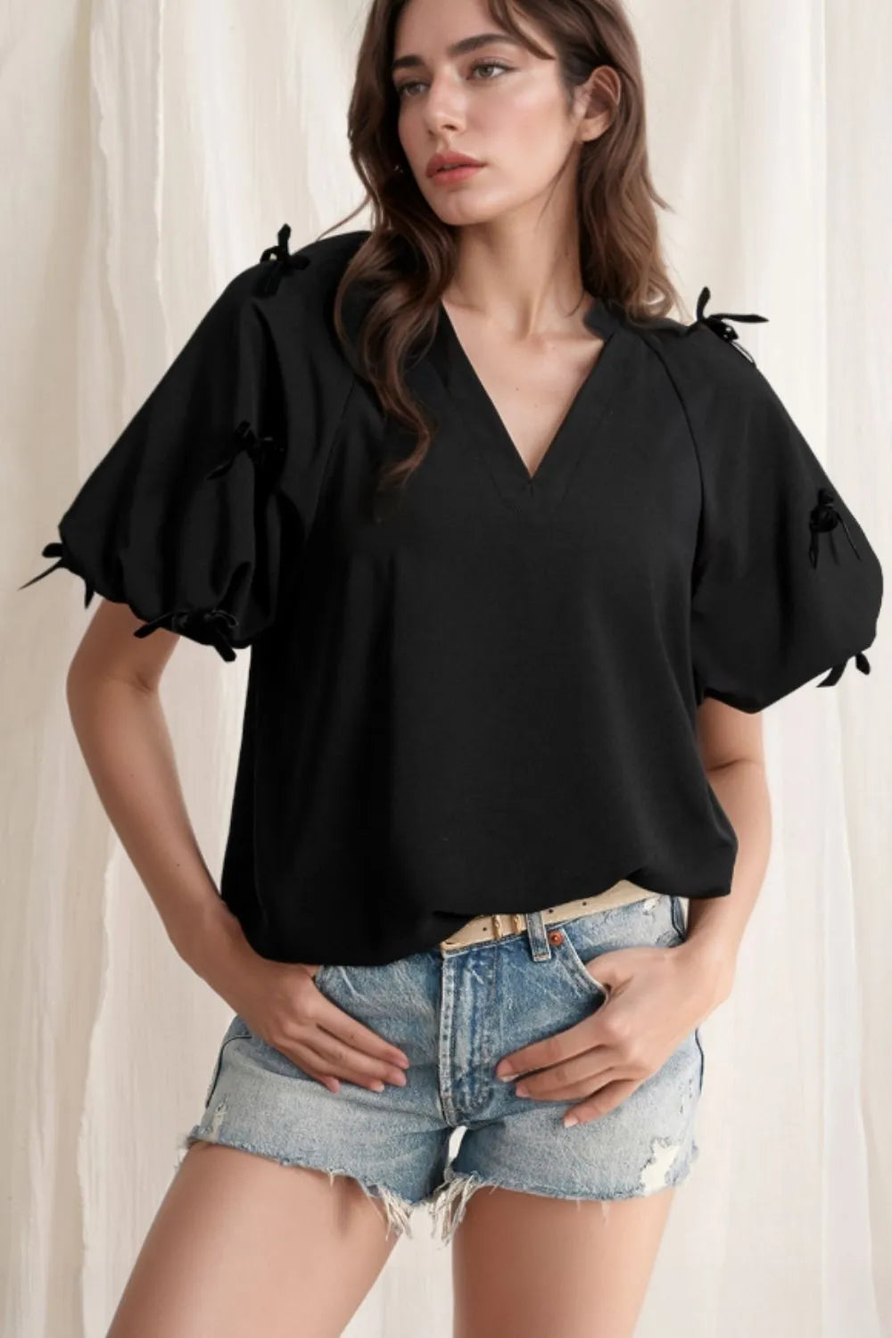 Bow Decor Puff Sleeve Blouse