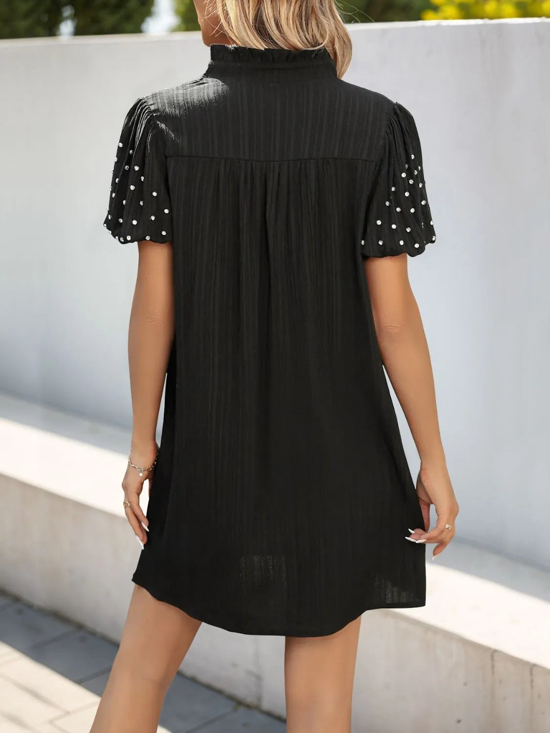 Textured V-Neck Short Sleeve Mini Dress