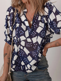 Abstract Print Frilled Puff Sleeve V Neck Blouse