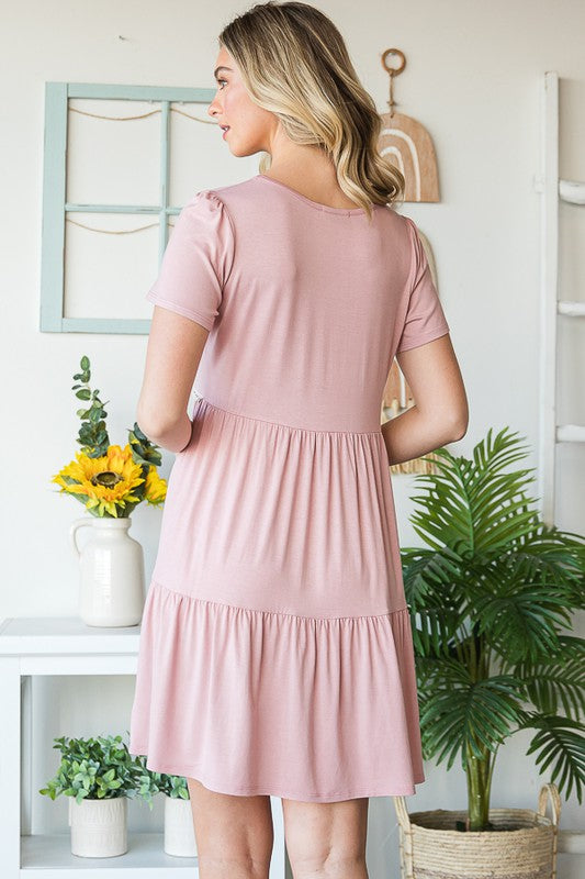 Heimish Full Size Solid Mini Tiered Dress with Pompom Lace Plus Size