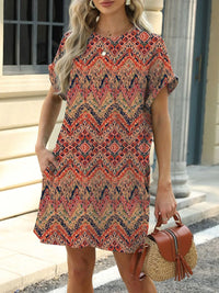 Printed Round Neck Short Sleeve Mini Dress