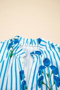 Stripe Floral Notched Neck Puff Sleeve Summer Blouse