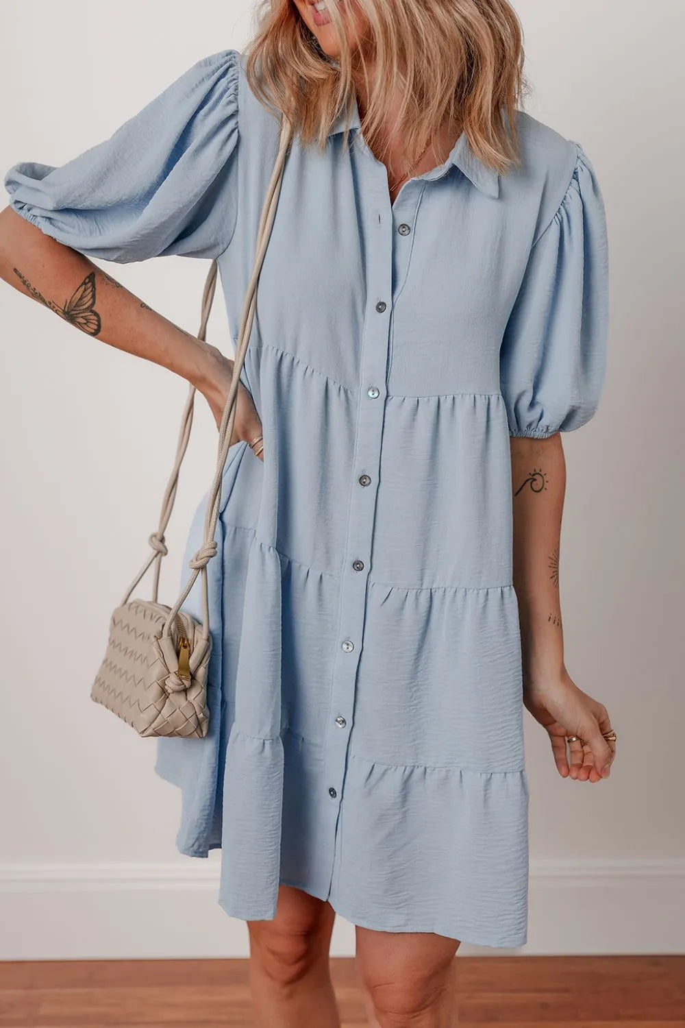 Button Up Puff Sleeve Tiered Shirt Dress