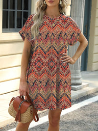 Printed Round Neck Short Sleeve Mini Dress