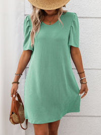 Textured Round Neck Short Sleeve Mini Dress