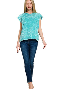 Zenana Crinkle Washed Round Neck Folded Short Sleeve Tee