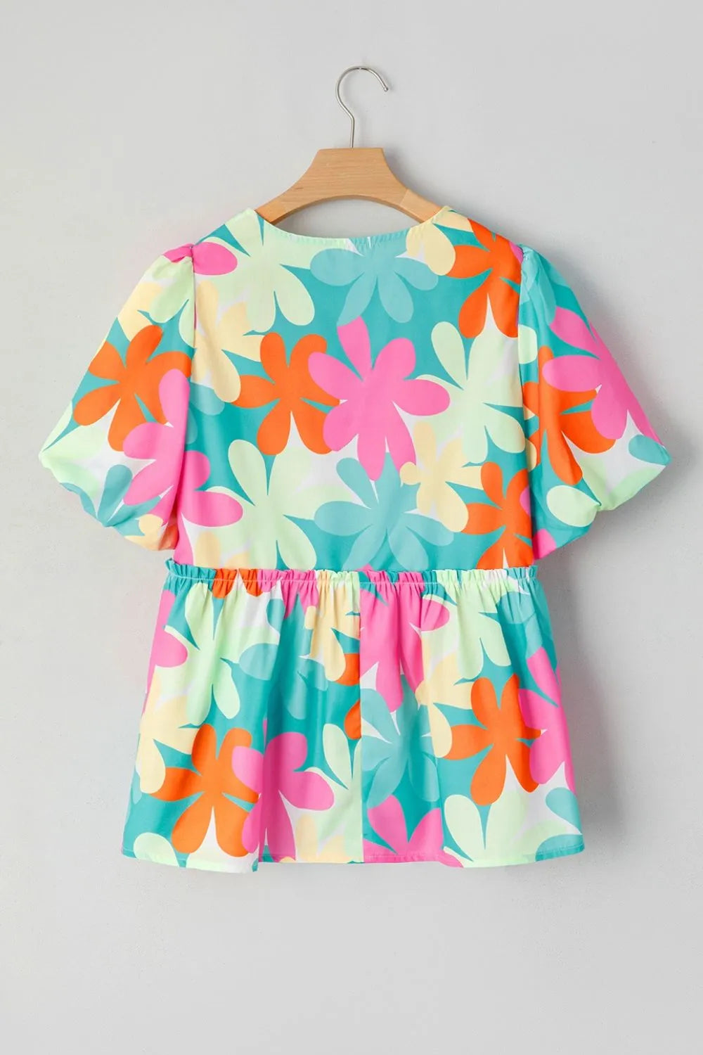 Floral Print Bubble Sleeve V Neck Peplum Blouse