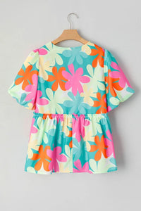 Floral Print Bubble Sleeve V Neck Peplum Blouse