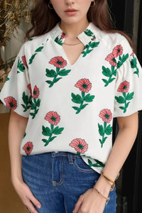 Flower Notched Short Sleeve Blouse