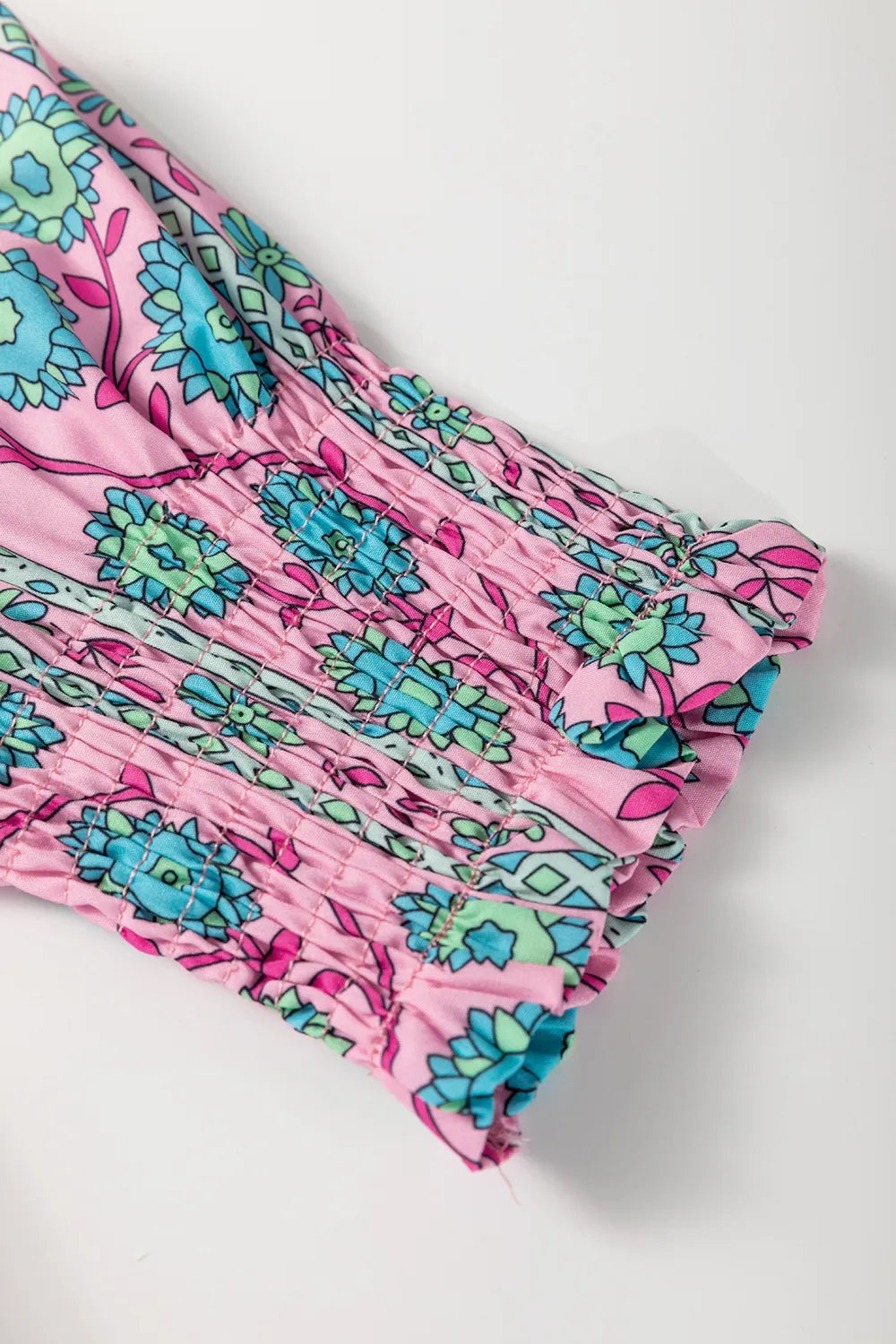 Printed Shirred Sleeve Buttoned Front Midi Dress with Sash