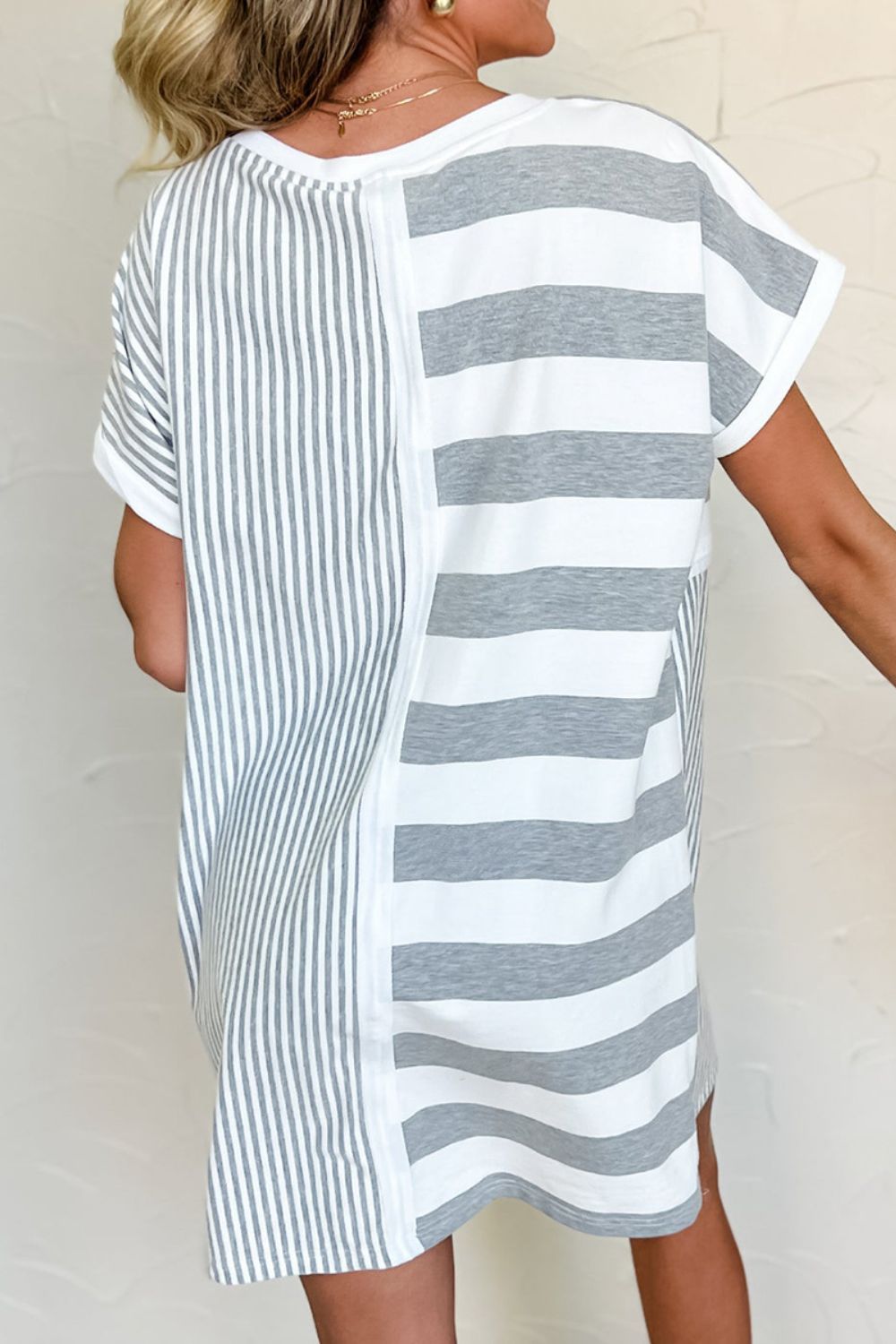 Stripe Mixed Short Sleeve Shift Mini Tee Dress