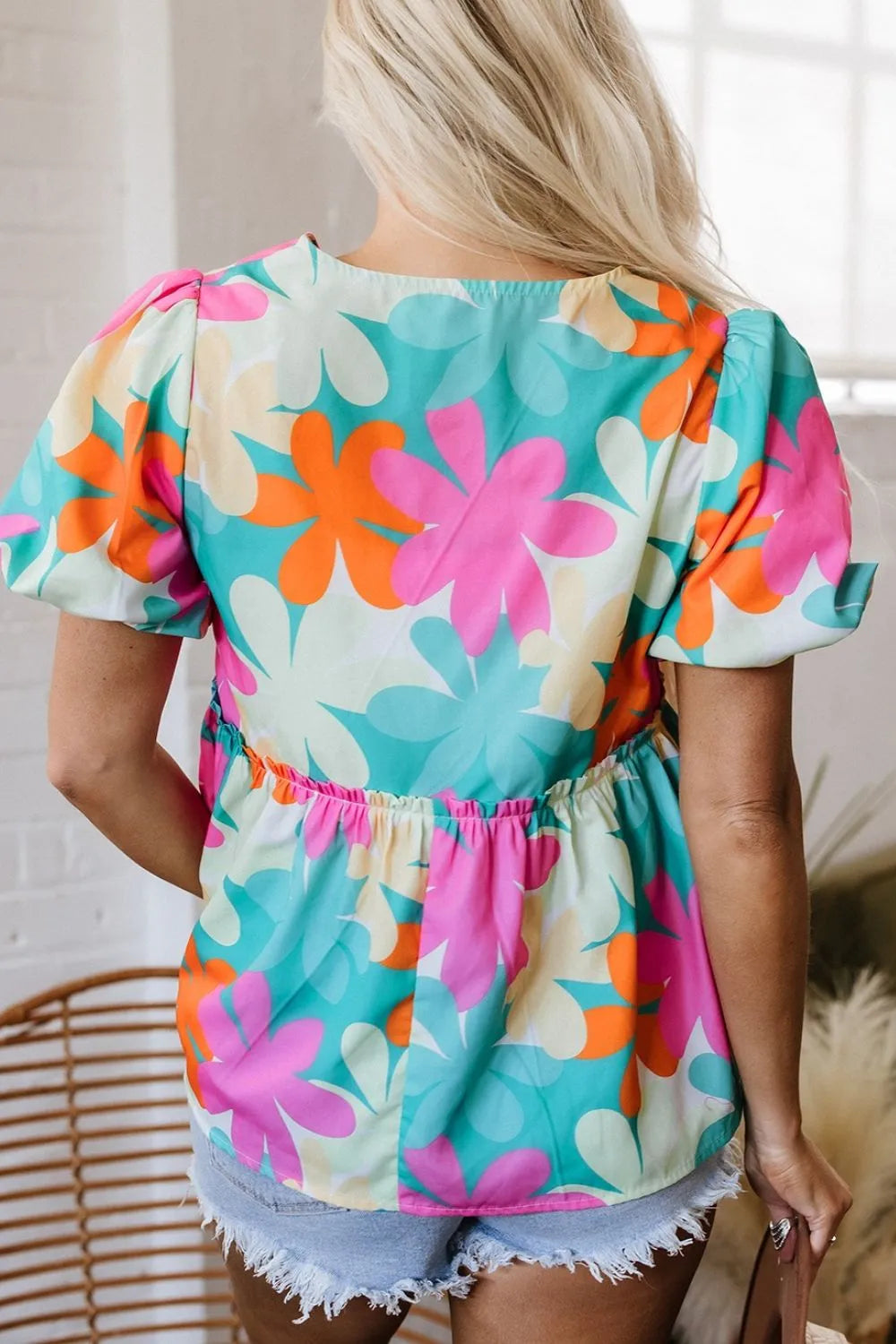Floral Print Bubble Sleeve V Neck Peplum Blouse