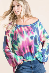 BiBi Tie Dye Print Terry Top with Puff Sleeves