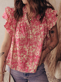 Printed Half Button Neck Ruffle Sleeve Blouse