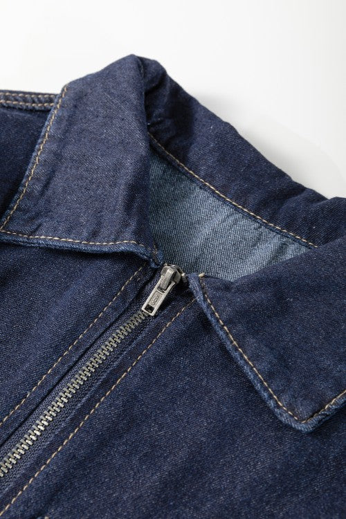 Collared Neck Half Zip Denim Dress