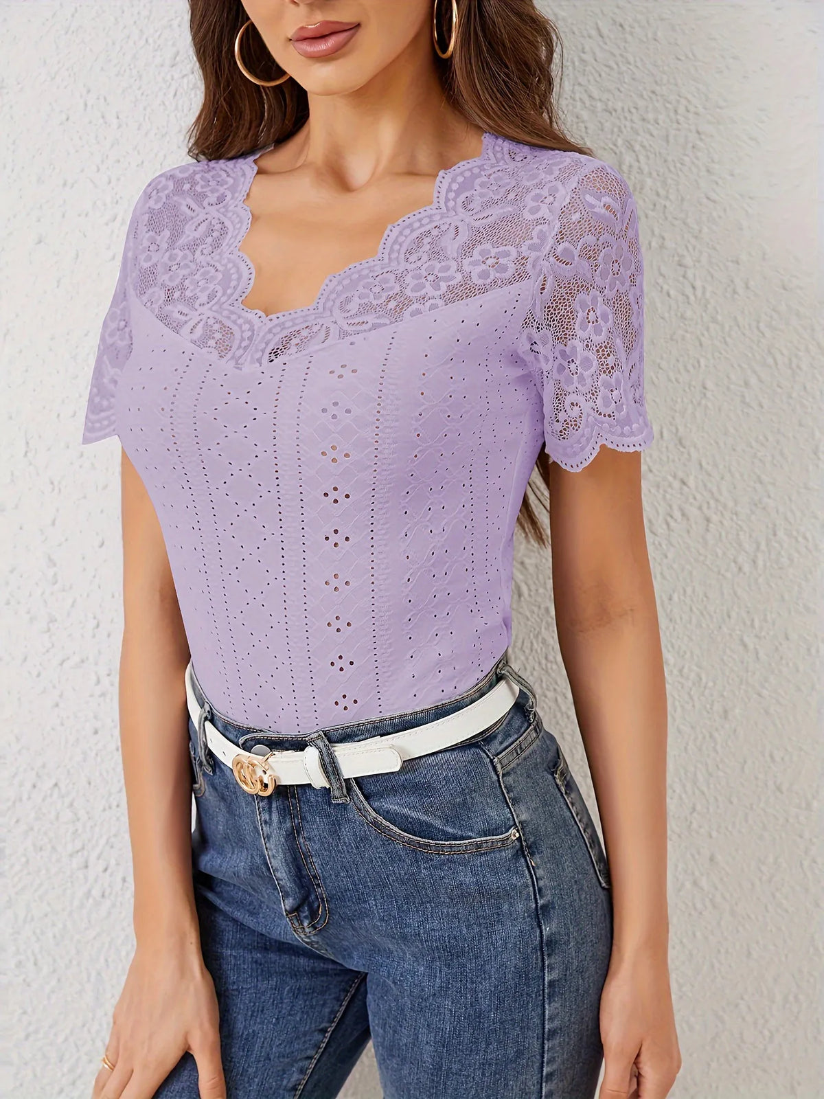 Lace Trim Eyelet Embroidered Summer T-Shirt