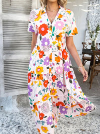 Devine Printed Johnny Collar Button Down Short Sleeve Midi Shirt Dress