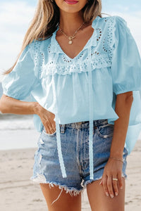 Eyelet Lace Trim Puff Sleeve Blouse