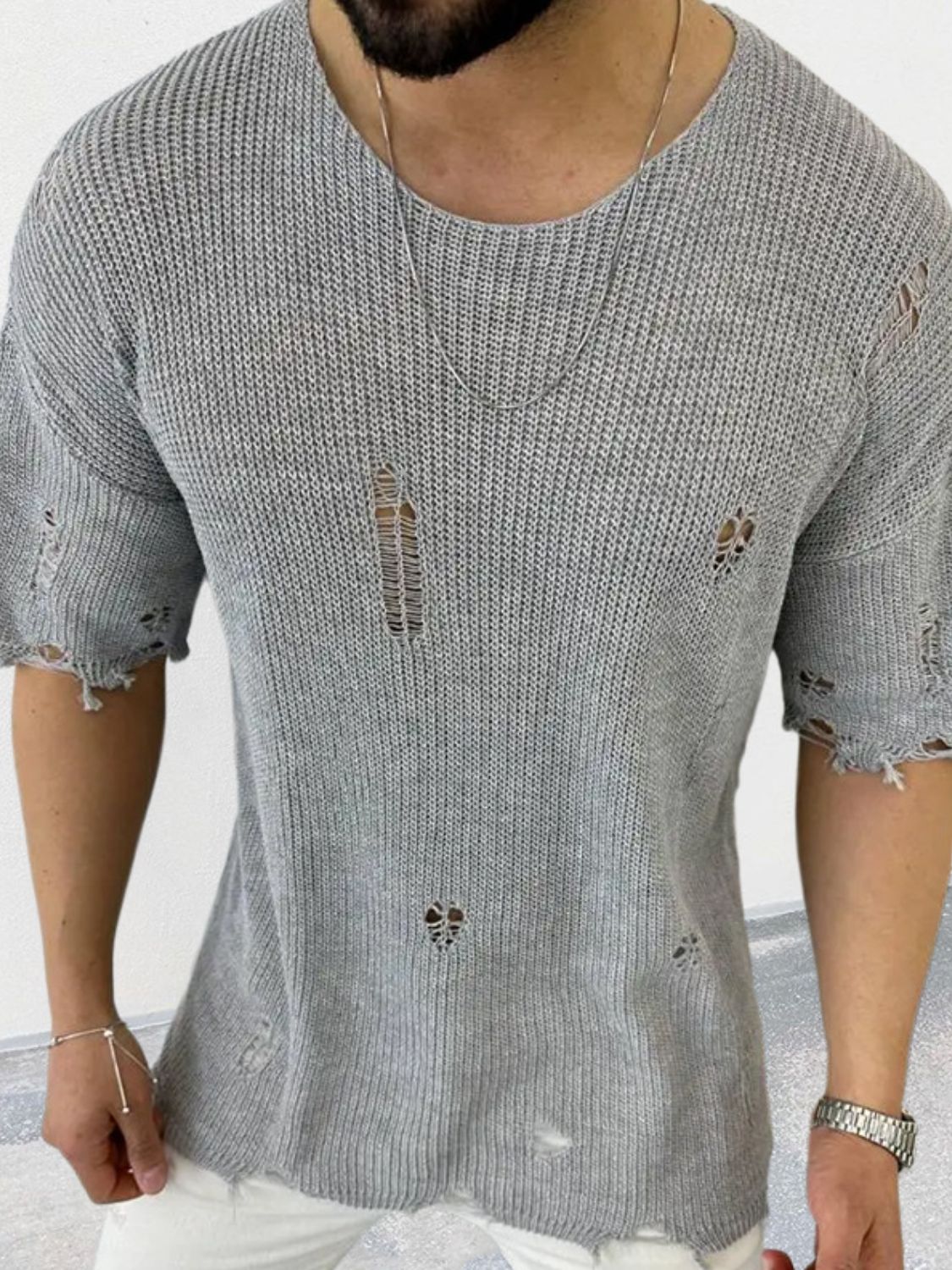 Men's Distressed Round Neck Knit Top