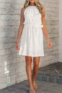Lace Sleeveless Tied Waist Mini Dress