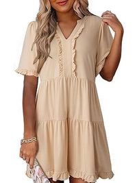 Tiered Notched Short Sleeve Mini Dress