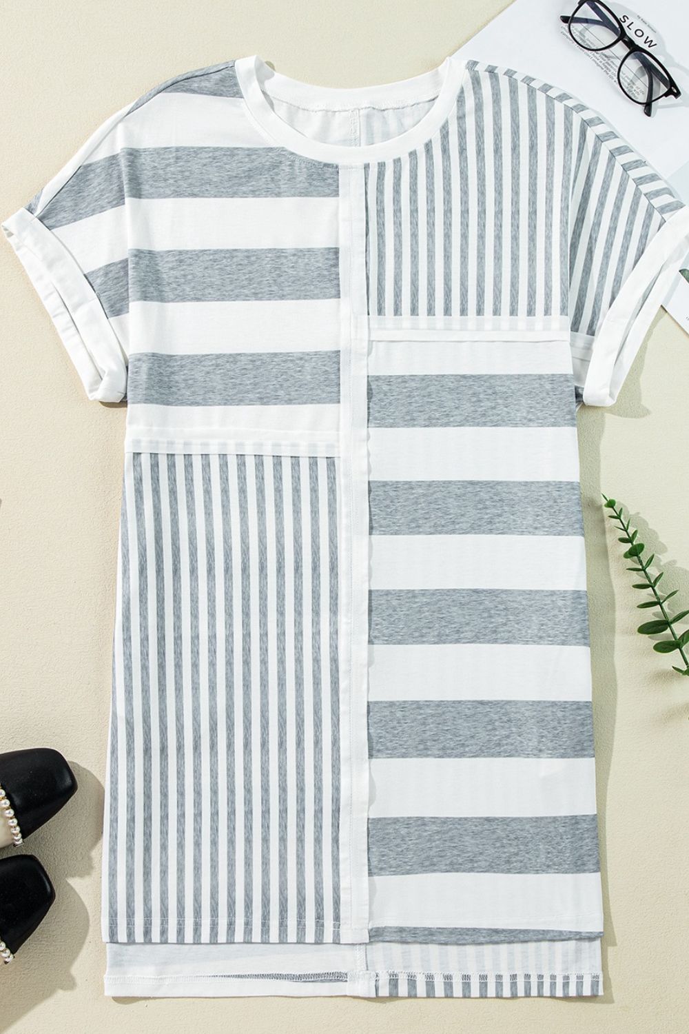 Stripe Mixed Short Sleeve Shift Mini Tee Dress