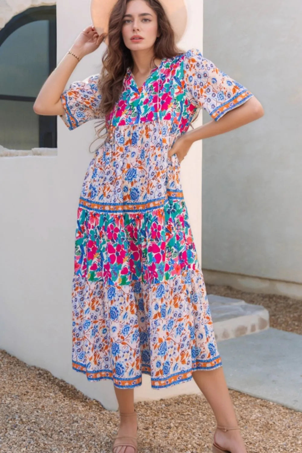 Mixed Floral Print Tie Neck Short Sleeve Dress