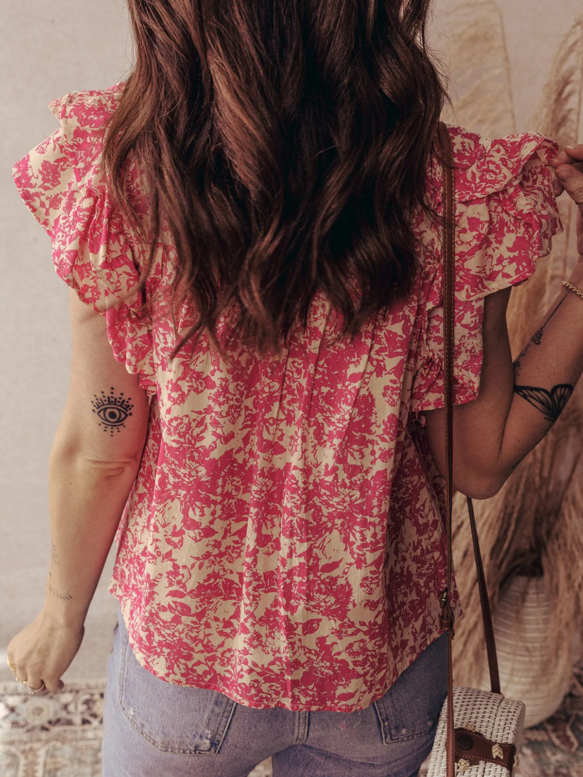 Printed Half Button Neck Ruffle Sleeve Blouse