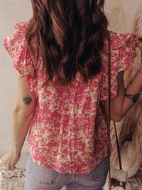 Printed Half Button Neck Ruffle Sleeve Blouse