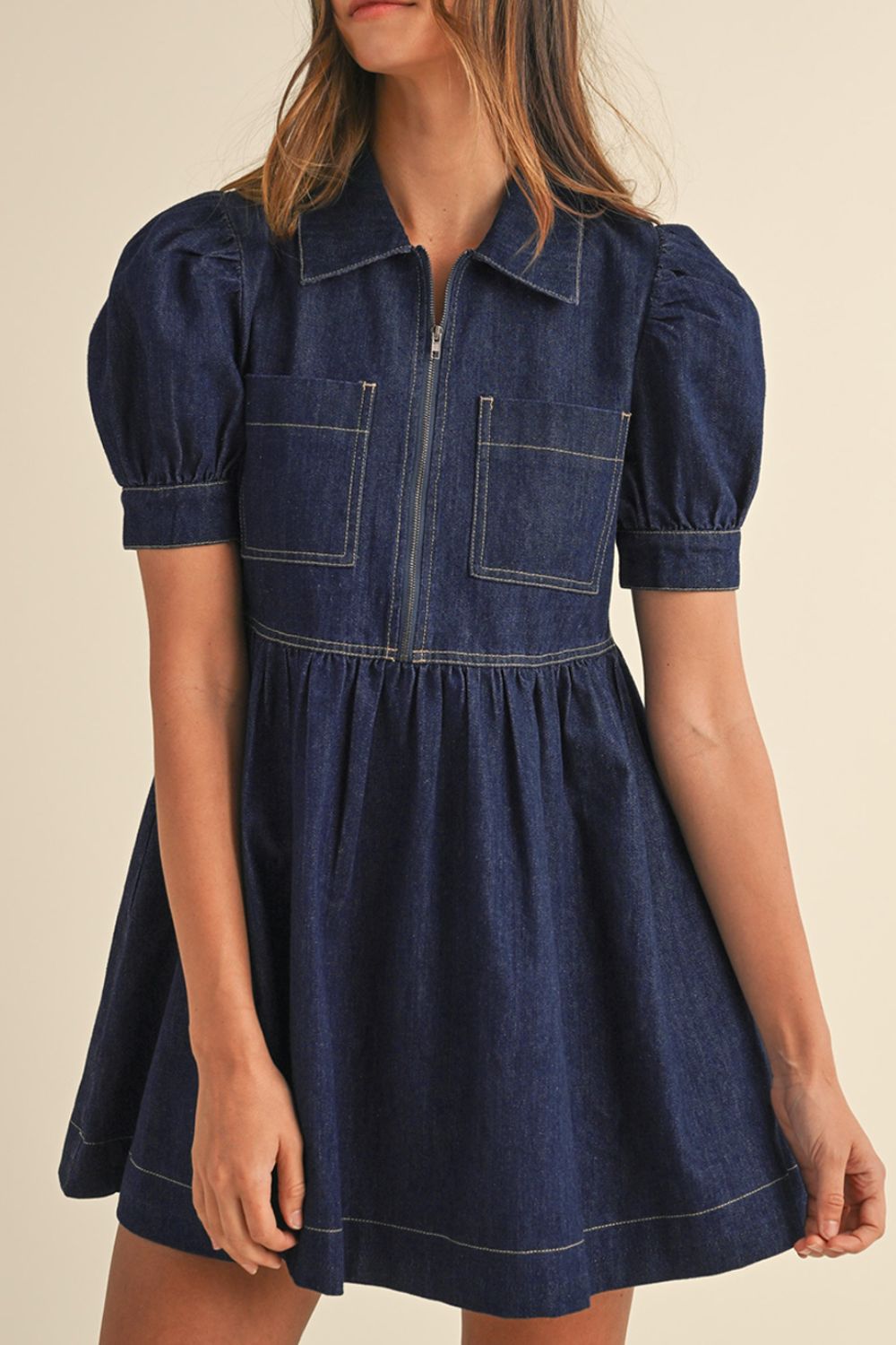 Collared Neck Half Zip Denim Dress