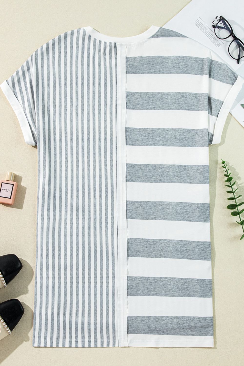 Stripe Mixed Short Sleeve Shift Mini Tee Dress