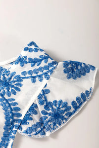 Boho Print Ruffled Cap Sleeve Crew Neck Blouse