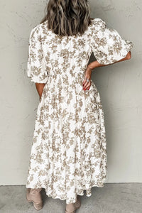 Printed Button Front Puff Sleeve Dress