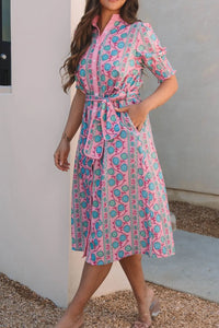 Printed Shirred Sleeve Buttoned Front Midi Dress with Sash