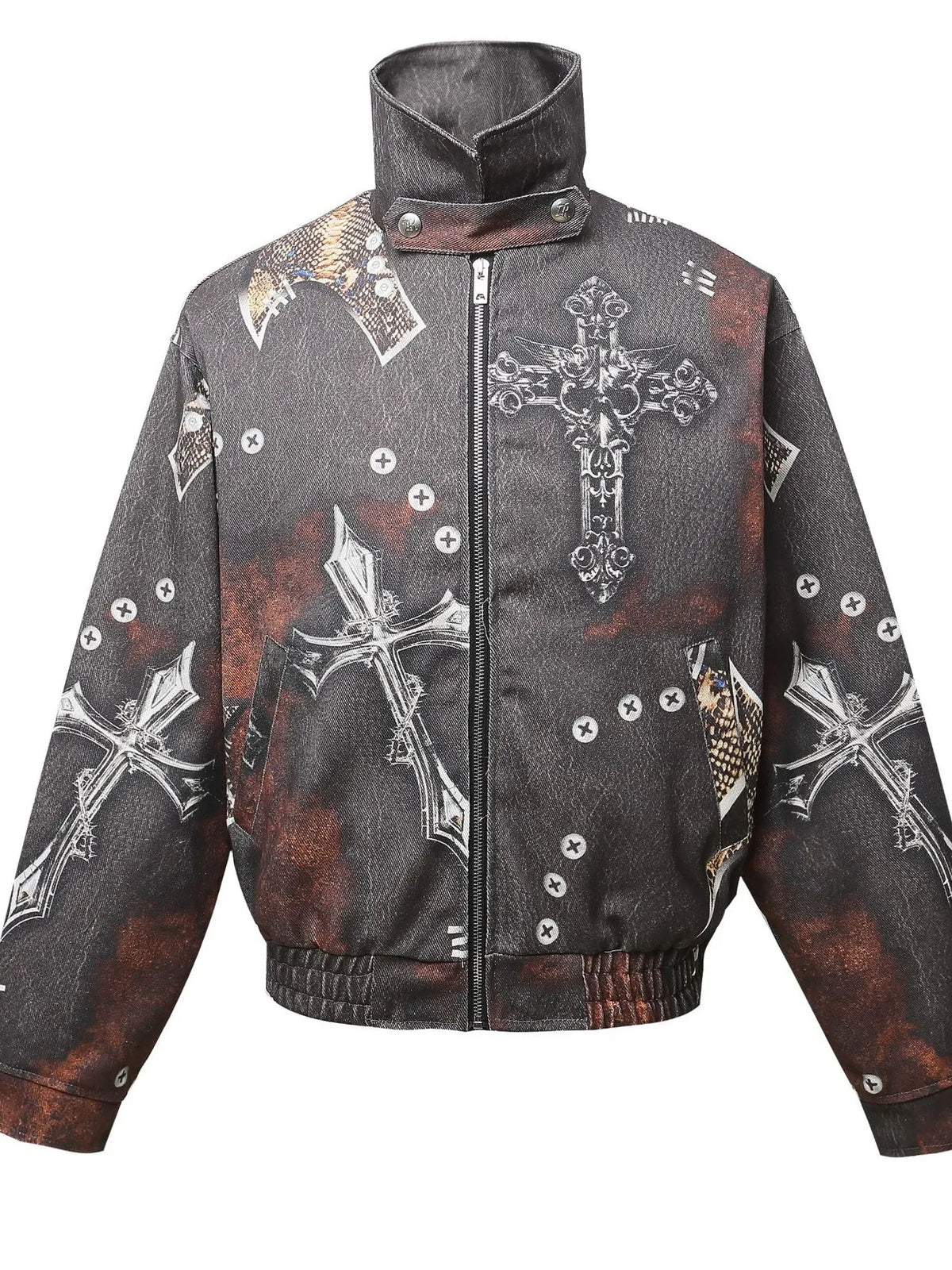 Men's Gothic Cross Print Distressed Denim Jacket
