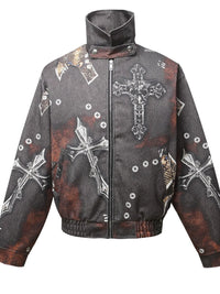 Men's Gothic Cross Print Distressed Denim Jacket