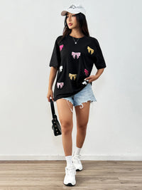 Sequin Bow Round Neck Short Sleeve T-Shirt