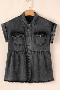 Short Sleeve Flap Pocket Button Up Raw Hem Denim Shirt