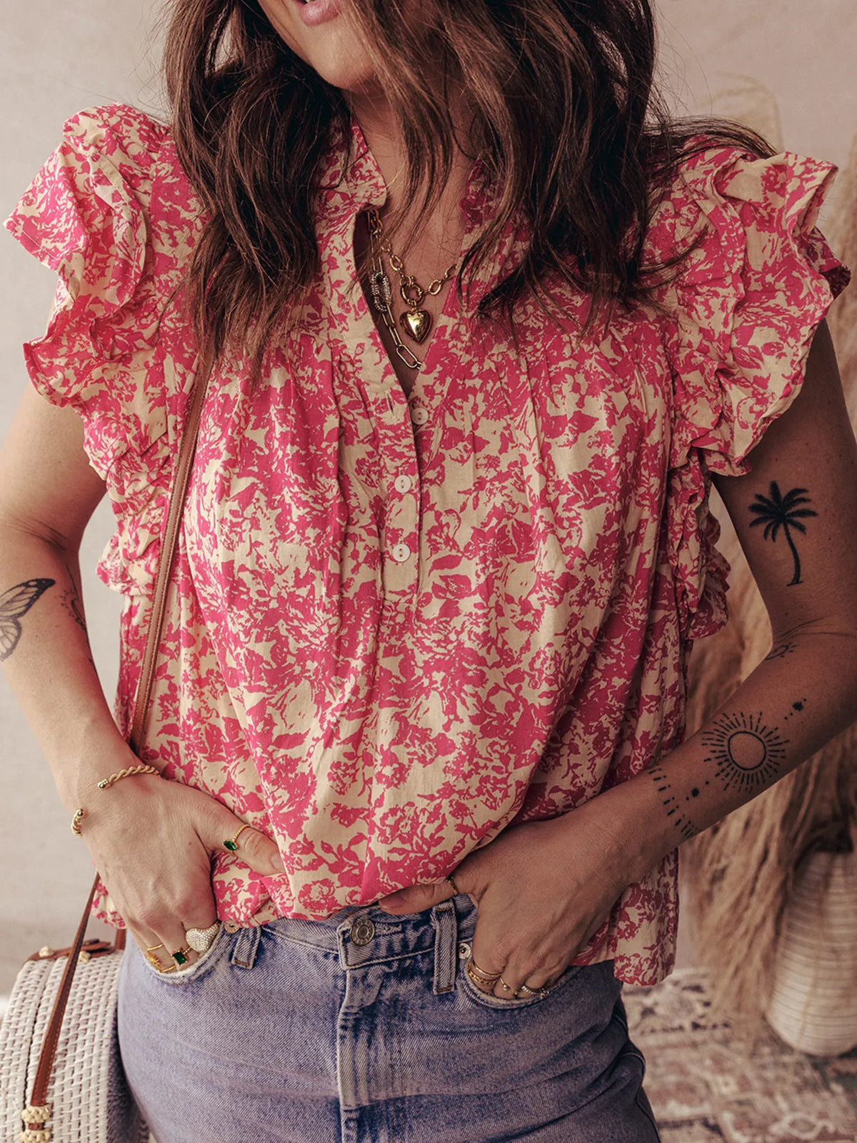 Printed Half Button Neck Ruffle Sleeve Blouse