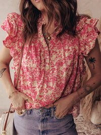 Printed Half Button Neck Ruffle Sleeve Blouse