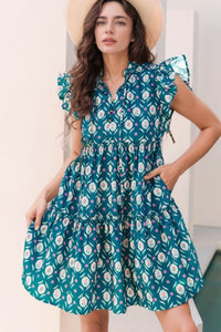 Printed Tie Neck Ruffled Cap Sleeve Dress