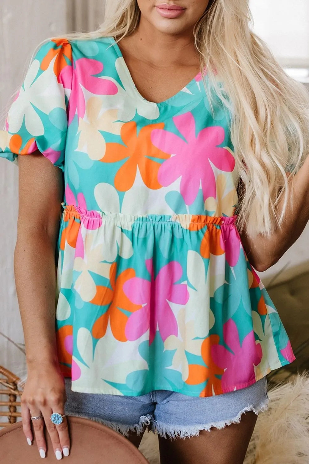 Floral Print Bubble Sleeve V Neck Peplum Blouse