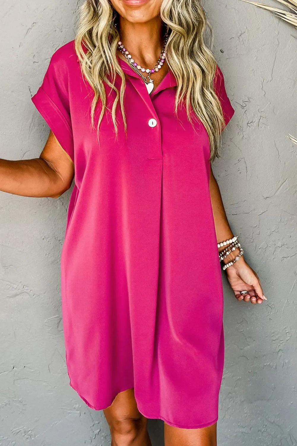 Buttoned Collared Neck Mini Shirt Dress