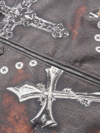 Men's Gothic Cross Print Distressed Denim Jacket